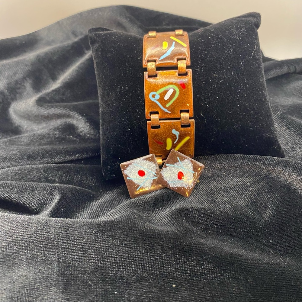 Artisan Copper Enamel Link Bracelet with Abstract Accents & Screw Back Earrings